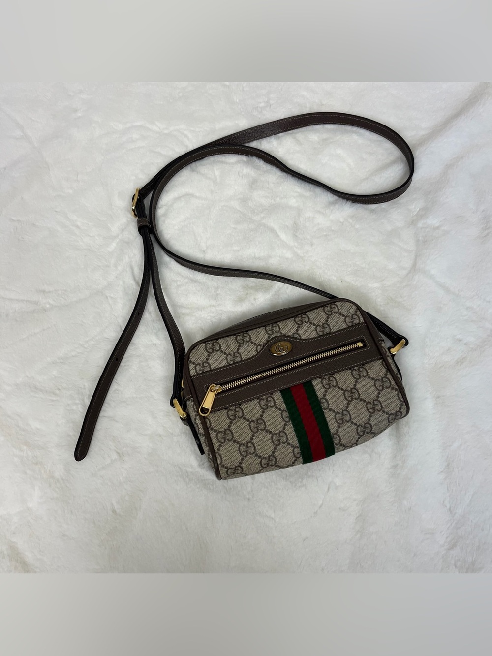 Gucci Beige GG Supreme Canvas Mini Crossbody Bag Brown Trim - Picture 15 of 16